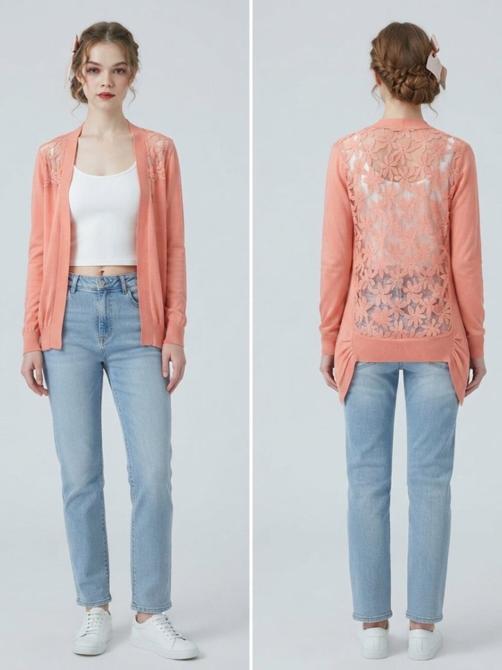 Womens Coral Pink Floral Lace Back Open Cardigan Boho Coquette Dainty Size XS/S